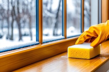  Una mano con guante amarillo limpiando un marco de ventana de madera con una esponja, mientras se aprecia un paisaje nevado.
