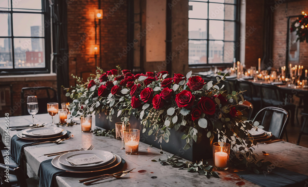 Poster a table with a centerpiece of red roses and green leaves. the table is set for a dinner party with m