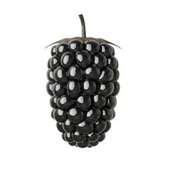 Glossy black ceramic blackberry sculpture with realistic texture and stem, showcasing artistic interpretation of fruit.