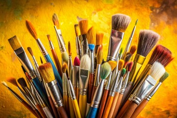 Obraz premium A lively assortment of art brushes against a bright yellow backdrop, perfect for sparking creativity in fashion photography and enhancing artistic expression.