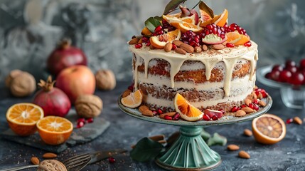 Fruits cake with dried orange in color pomegranate almond and kernel dusting and frosting