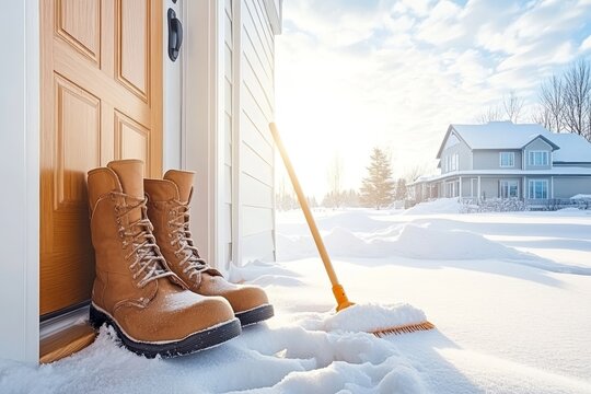   Un par de botas de invierno colocadas junto a una puerta de madera, con un paisaje nevado y soleado al fondo.
