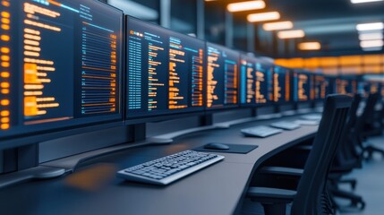 Fototapeta premium High-Tech Office Environment Featuring Multiple Monitors Displaying Code and Data in a Dark Setting with Soft Lighting and Modern Design Elements