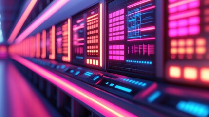 Fototapeta premium Futuristic Data Center with Neon Lights Featuring Multiple Screens and Control Panels for Advanced Technology and Modern Cyber Environment