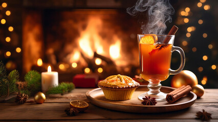 Mince pies arranged on a festive plate, surrounded by vibrant oranges and sprigs of fresh greenery, with a warm, flickering fireplace casting a soft glow in the background, creating an inviting and co