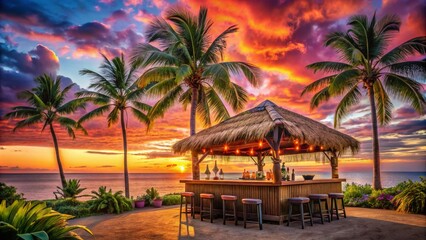 A lively Tiki bar scene unfolds with tropical backdrops, exotic cocktails, lush palm trees, and a sunset glow, creating a perfect ambiance for summer escapades.