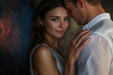 Fototapeta premium Couple enjoying a tender moment in a softly lit space during a quiet evening