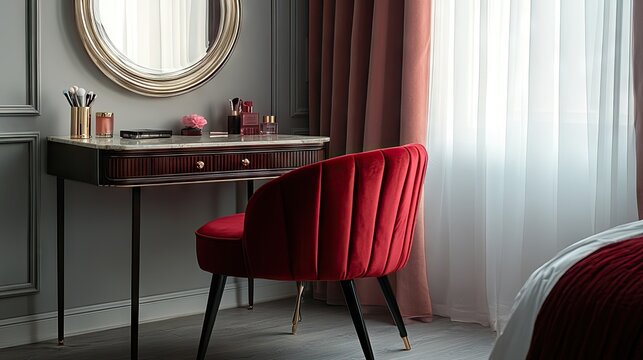 Petite red velvet chair in a dressing room, positioned in front of a vintage vanity table