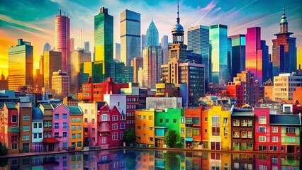 Obraz premium A lively urban landscape featuring colorful buildings, captured in a double exposure style that merges city life with artistic elements for a contemporary visual impact.