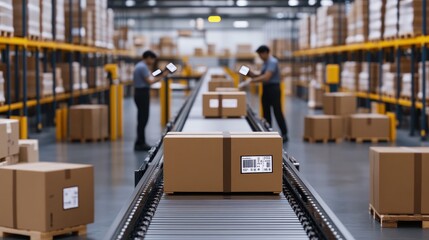 Fototapeta premium Busy warehouse with workers inspecting boxes on conveyor belt in modern facility showcasing logistics and distribution efficiency during operation hours