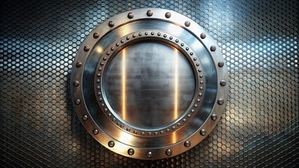Naklejka premium A long exposure captures a brushed metal oval frame with rivets against a circular metal grid, ideal for modern and industrial design concepts.