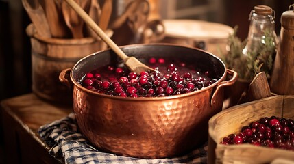 Cranberry apple punch served in a copper pot, surrounded by rustic props like wooden ladles and fresh cranberries