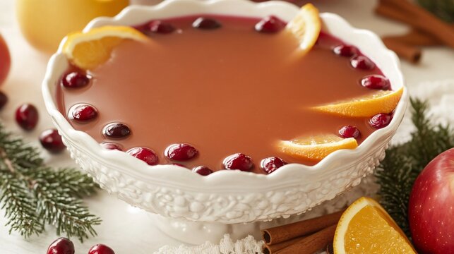 Cranberry apple punch served in a vintage punch bowl, surrounded by fresh cranberries, orange wedges, and cinnamon sticks