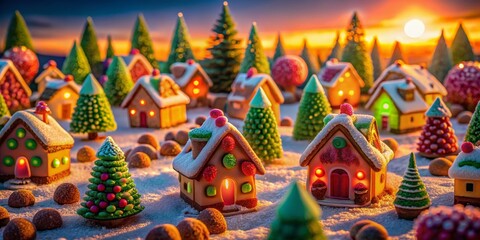 Fototapeta premium A magical caramel village at twilight, featuring cookie houses and berry trees, captures the essence of a sweet, enchanting fantasyland in low light photography.