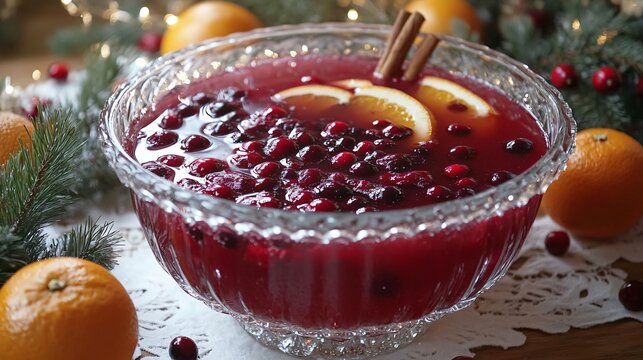 Cranberry apple punch served in a vintage punch bowl, surrounded by fresh cranberries, orange wedges, and cinnamon sticks - Powered by Adobe