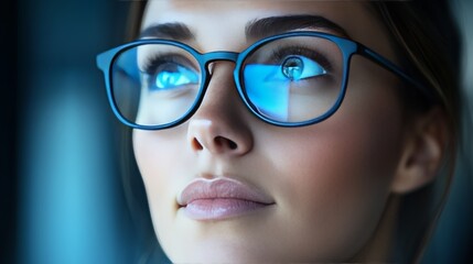 Fototapeta premium Close-up of a Beautiful Woman Sporting Fashionable Eyeglasses with a Serene Expression