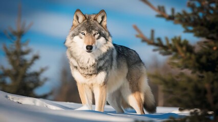 Fototapeta premium A captivating wildlife photograph of a majestic wolf with piercing blue eyes, standing proudly amidst a snowy landscape. The wolf's thick, fluffy coat boasts a striking blend of gray, white, and light