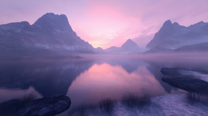 A serene landscape at dawn, featuring misty mountains reflected in a tranquil lake under a pastel sky.