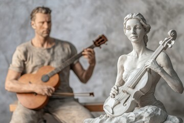 Fototapeta premium Detailed sculptures of a musician playing guitar and a woman with a violin in a studio setting