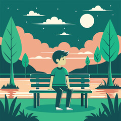 Boy sitting in a bench in river side