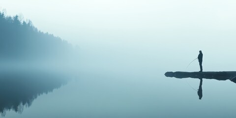 A man holding a fishing rod, standing on the edge of a lake, symbolizing patience and reflection, set against a calm water backdrop.