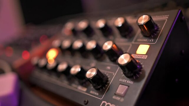 Artistic focus shift on an analog synthesizer with illuminated knobs in a vibrant music studio setting