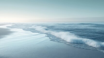 Fototapeta premium A serene seascape showing gentle waves lapping against a calm shore under soft, diffused light.