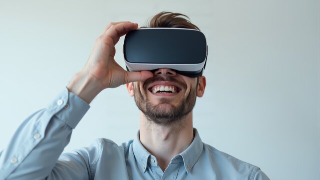 Joyful man immersed in virtual reality while enjoying a new gaming experience indoors