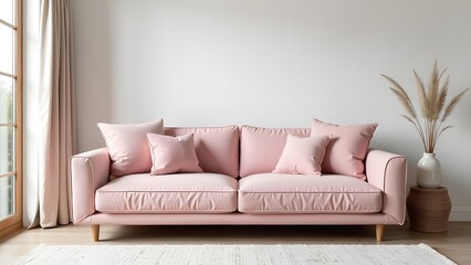 A soft pink modern sofa stands by the window next to a flower