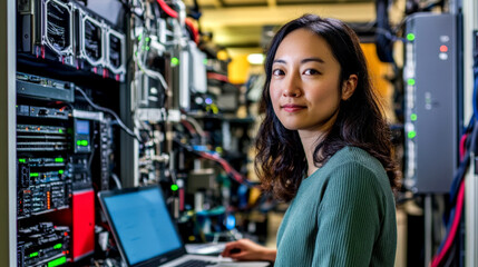 A professional female IT specialist, in a relaxed but functional outfit, standing in front of a server rack while monitoring data on a laptop. The room is filled with tech equipment