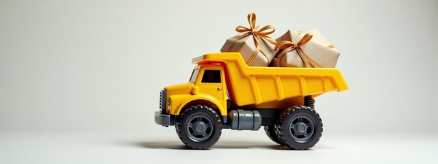 Yellow toy truck carrying gift boxes on white background