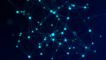 Designing the network connection structure. Dark background with intertwining glowing particles. 3D rendering.