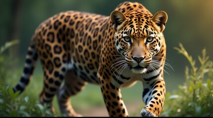 Obraz premium leopard in its natural habitat, showcasing its distinctive spotted coat and piercing eyes. The focus is on the animal's powerful physique and the lush surroundings