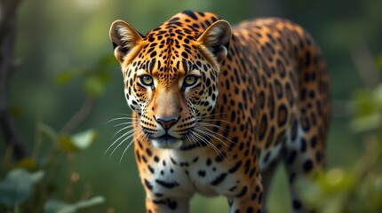 leopard in its natural habitat, showcasing its distinctive spotted coat and piercing eyes. The focus is on the animal's powerful physique and the lush surroundings