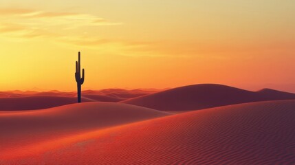 A serene desert landscape at sunset featuring a solitary cactus amidst rolling sand dunes, bathed in warm hues of orange and purple.