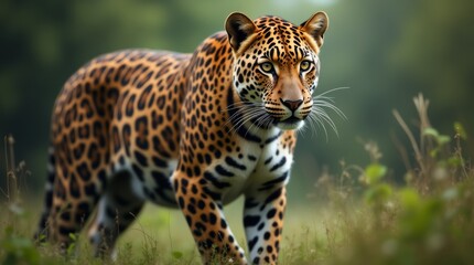 Obraz premium leopard in its natural habitat, showcasing its distinctive spotted coat and piercing eyes. The focus is on the animal's powerful physique and the lush surroundings