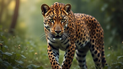 Obraz premium leopard in its natural habitat, showcasing its distinctive spotted coat and piercing eyes. The focus is on the animal's powerful physique and the lush surroundings