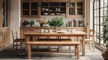 Obraz premium Solid wood dining set with a bench and chairs, styled with neutral tableware and greenery in a farmhouse kitchen