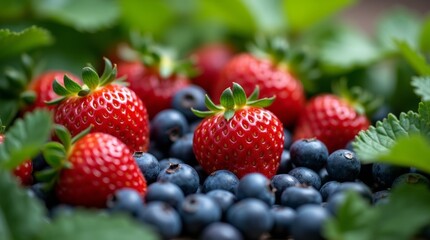 Obraz premium Detailed perspective of fresh strawberries and blueberries surrounded by lush green foliage surrounding the berries