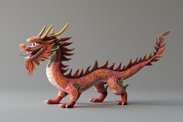 Fototapeta premium Colorful Chinese dragon figurine in vibrant reds and yellows, showcasing intricate details and a mythical presence.
