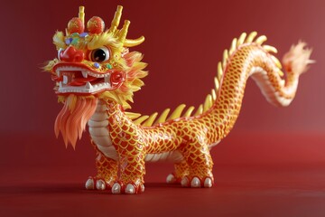 Obraz premium A colorful, detailed toy dragon figurine with vibrant yellow and red tones, perfect for celebrations.