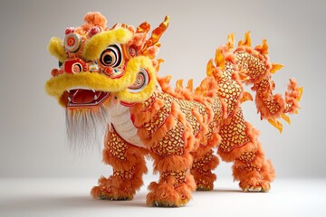 Fototapeta premium Vibrant orange lion dance costume, symbolizing good fortune and joy, adorned with intricate details.