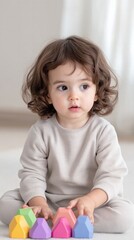 Fototapeta premium A curious child with curly hair plays with colorful building blocks on a soft surface, showcasing a moment of creativity and exploration.