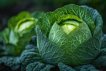 Obraz premium Close-up of fresh green cabbage growing in the field.