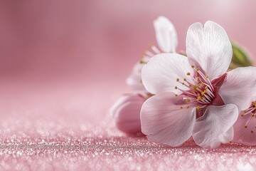 Delicate cherry blossom flowers on a soft pink background, showcasing their beauty and intricate details.