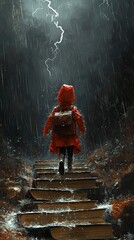 Fototapeta premium A young child climbing step made with books, illustration imagination and exploring worlds through reading.