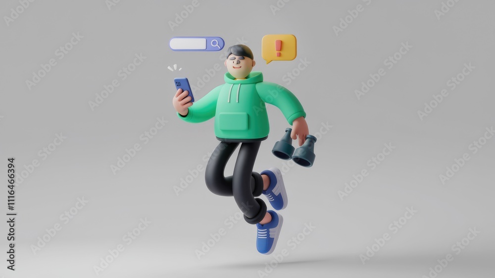 Aufkleber 3D cartoon character using phone  searching online with binoculars  experiencing a notification.