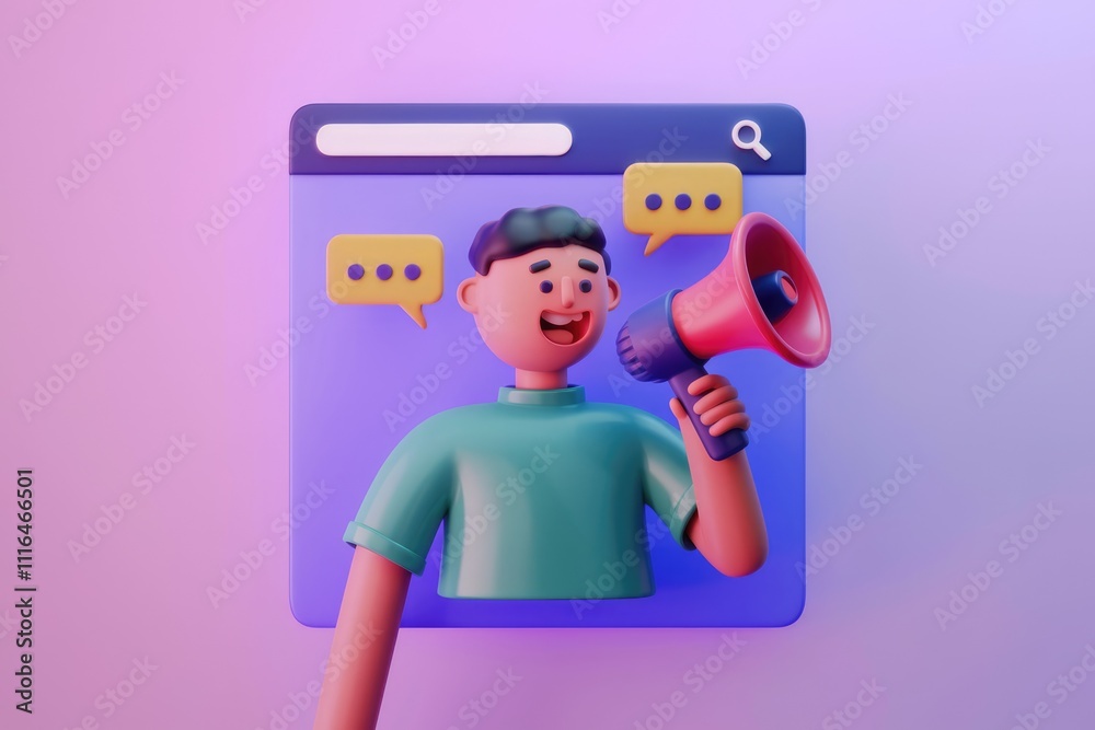Poster 3D cartoon character announces message via megaphone and speech bubbles in a web browser interface.