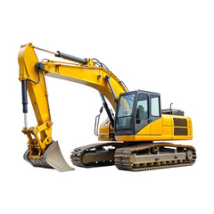 A yellow excavator machine on transparent background, PNG file