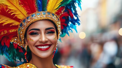 A joyful woman in vibrant costume celebrates cultural heritage during a festival.
